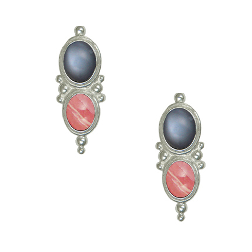 Sterling Silver Drop Dangle Earrings With Grey Moonstone And Rhodocrosite